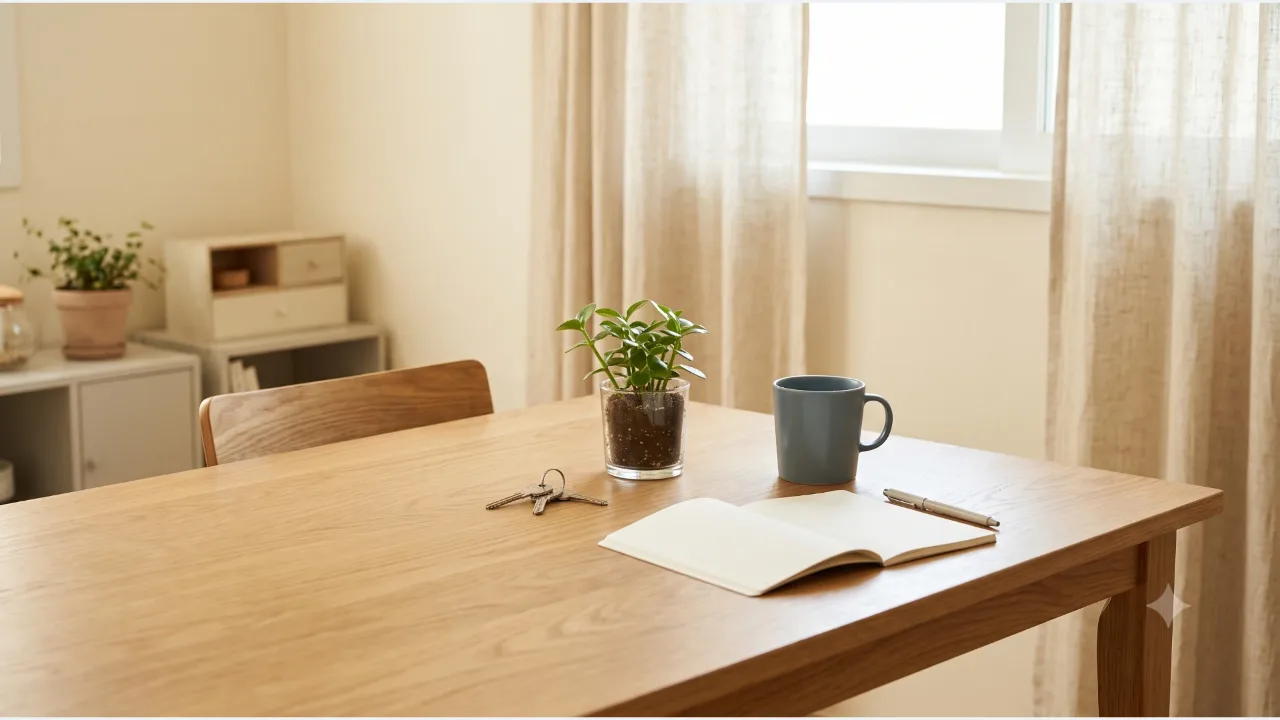 A jeonse home scene with a pair of keys, a small potted plant, a mug and an open notebook on an oak dining table