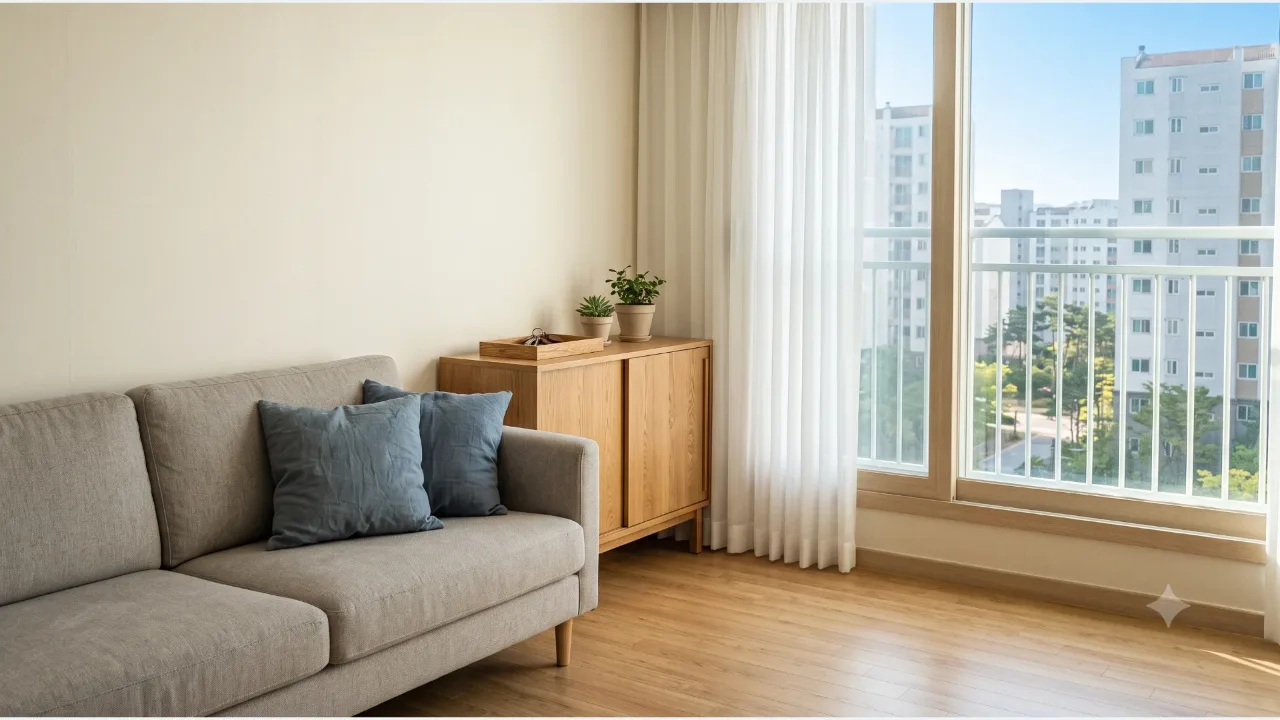 A small apartment living room with oak flooring and cream walls, a gray sofa with blue cushions, and a key tray on a storage cabinet