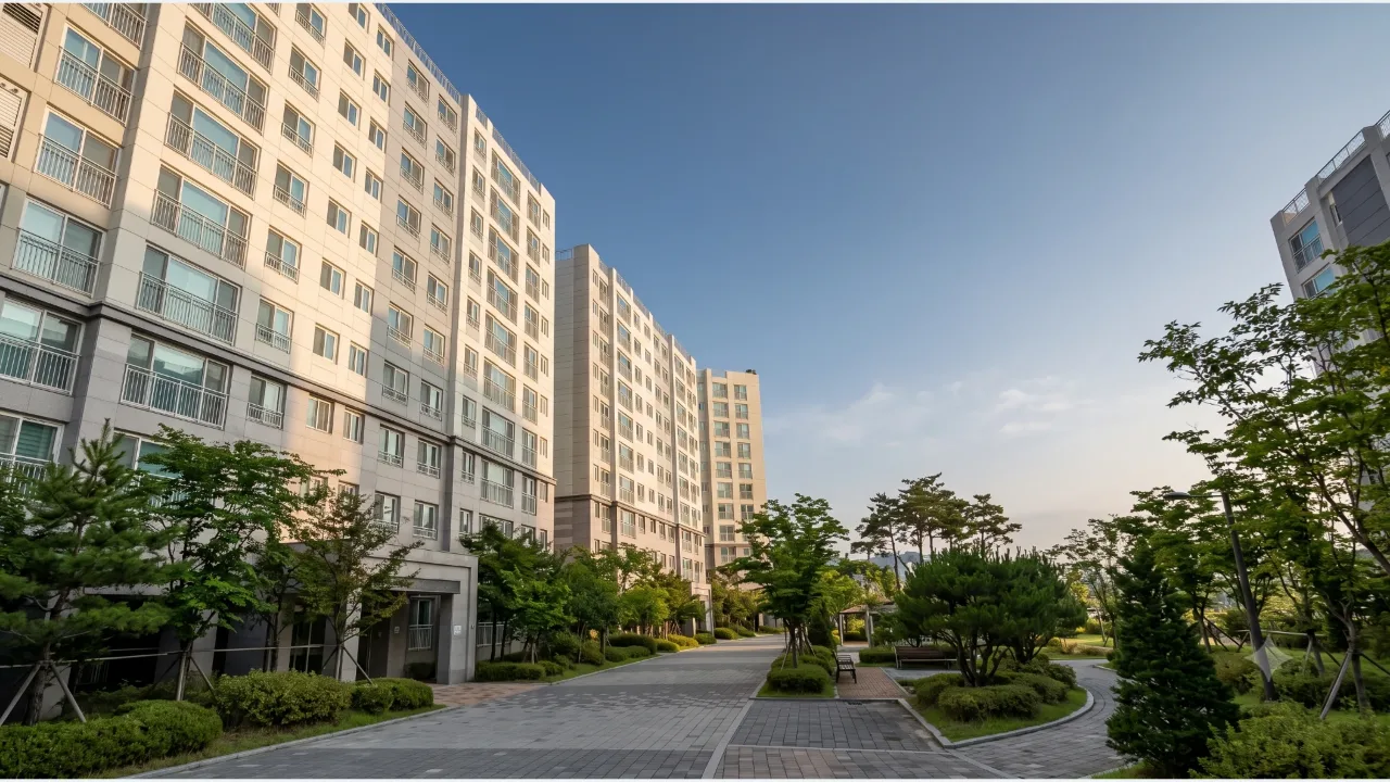 A Korean apartment complex standing along a tree-lined walking path under a clear sky