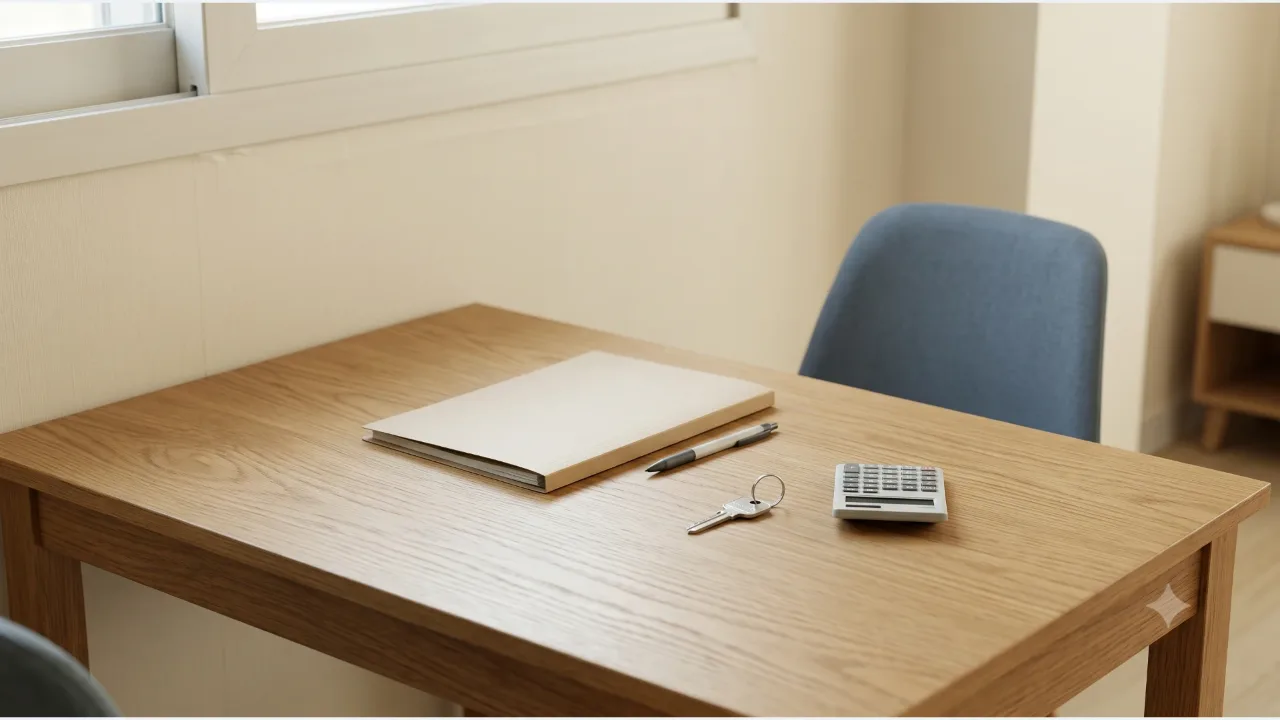 A small living space with a closed document folder, a pen, keys and a calculator on an oak table